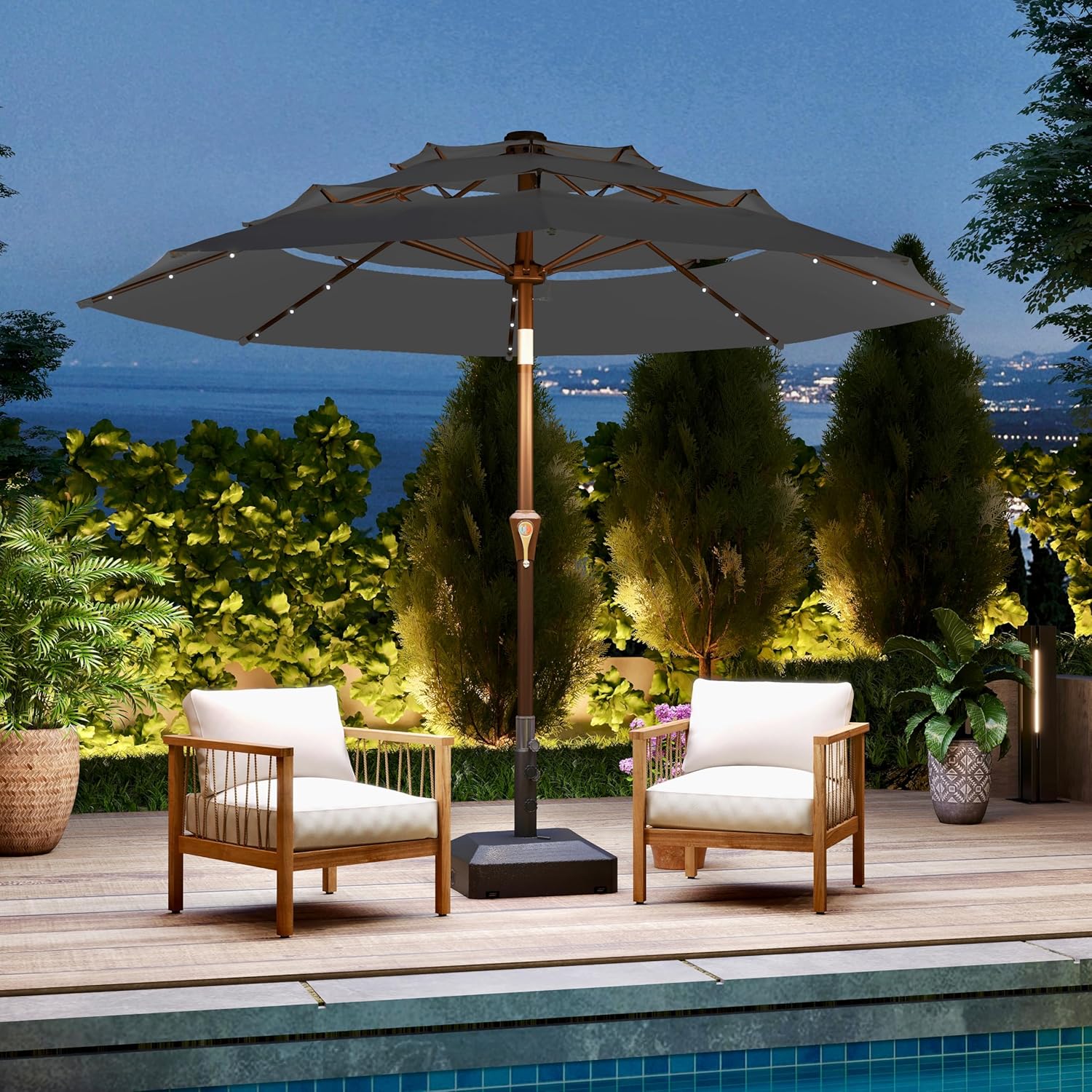 Kingdura 10ft Patio Umbrella with Solar Lights, 3 Tier Outdoor Table Umbrella with Mobile Base Included, Easy Crank & Tilt, 8 Sturdy Ribs, UV Protection, 32 LED Lights for Deck, Poolside (Grey)