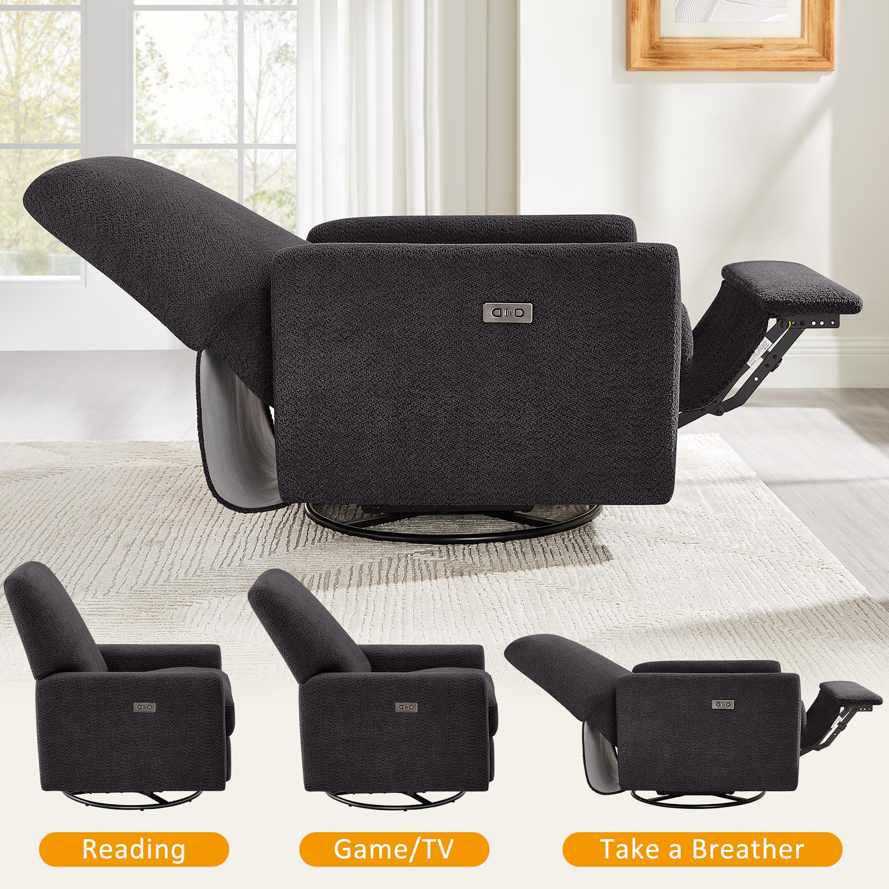 VANOMi Power Recliner Chair With USB & Type-C Charging - 270° Swivel Glider Rocker, Electric Recliner For Nursery, Living Room, Bedroom (Dark Gray) - View #10