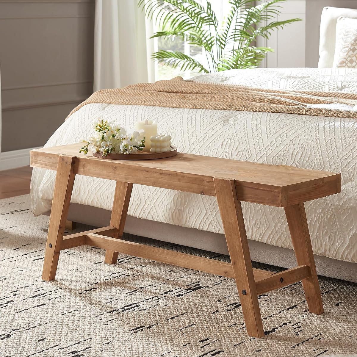 Solid Fir Wood Entryway Bench – 43.4 Inches Rustic Farmhouse Long Bench, Dining Bench with Angled Legs, Hand-Finished Natural Grain, for Foyer, Hallway, Bedroom