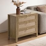 SICOTAS Nightstand Set 2 with Drawers - Large Rattan Bedside Table with Golden Handle, 3 Drawers Night Stand Tall End Table 26.78" Wide Side Table Boho Nightstand for Bedroom