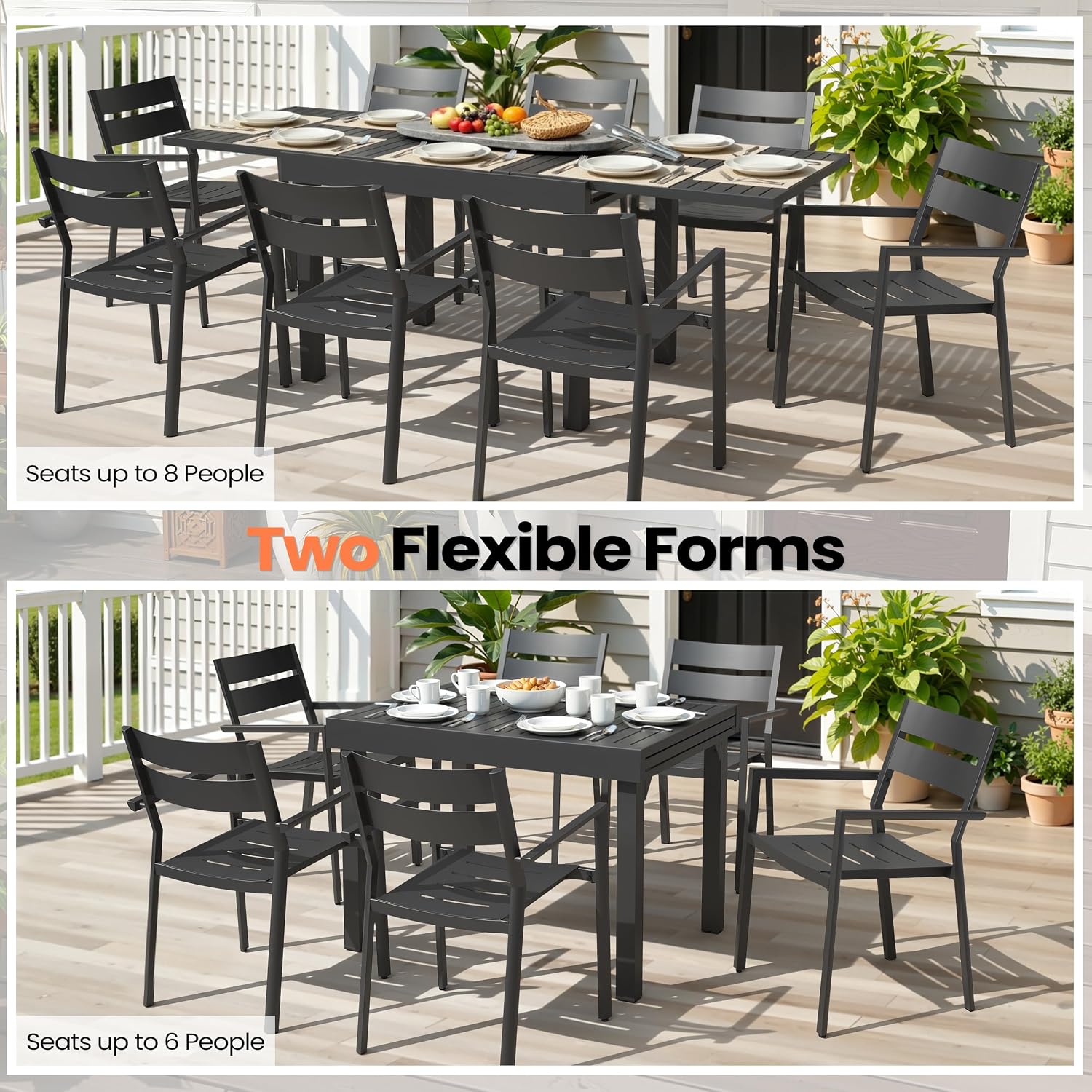 Pellebant 9-Piece Aluminum Outdoor Patio Dining Table Set for 8, Expandable Sturdy Table and Stackable Chairs with Armrest, Weather-Resistant for Deck Backyard Garden