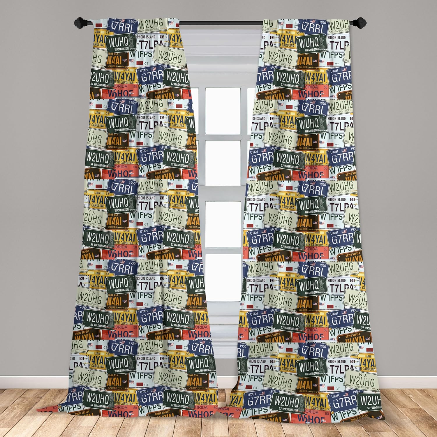 Ambesonne Vintage Window Curtains, Original Retro Style License Plates Personalized Creative Travel Vacation, Lightweight Decor 2-Panel Set with Rod Pocket, Pair of - 28" x 84", Green Blue