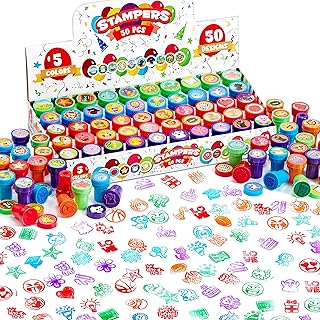 JOYIN 50 Pcs Assorted Stamps for Kids - Self-Ink Stamps with 50 Designs for Birthday Party Favor, Carnival Prizes, School Stampers, Goodie Bag, Halloween, Christmas (Zoo, Emoji, Holiday Stampers)