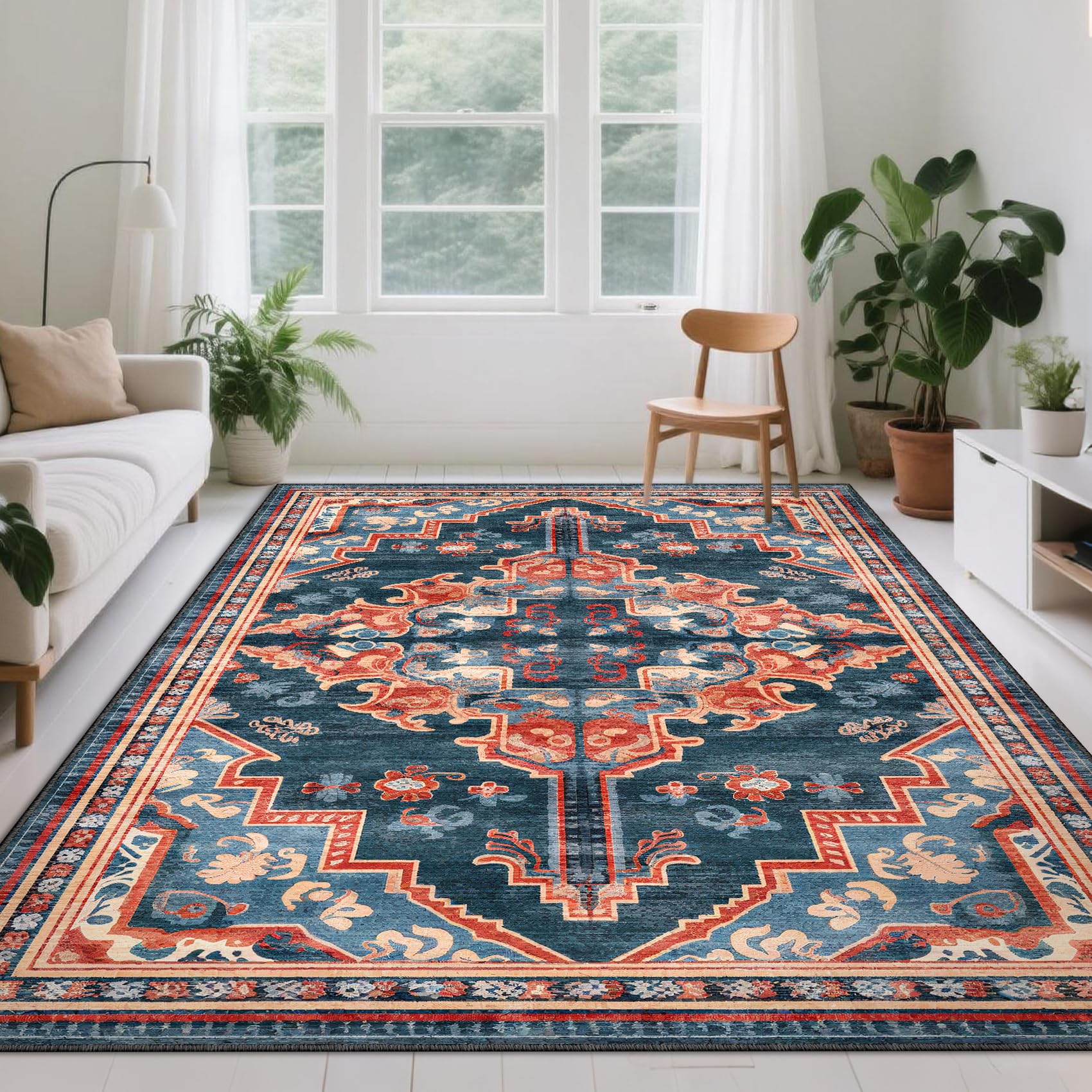 Tappeto per soggiorno, 120 x 180 cm, tappeto da comodino, cucina, antiscivolo, lavabile, per decorare la casa, camera da letto, dormitorio, camera dei bambini, salotto, ufficio, blu scuro, arancione