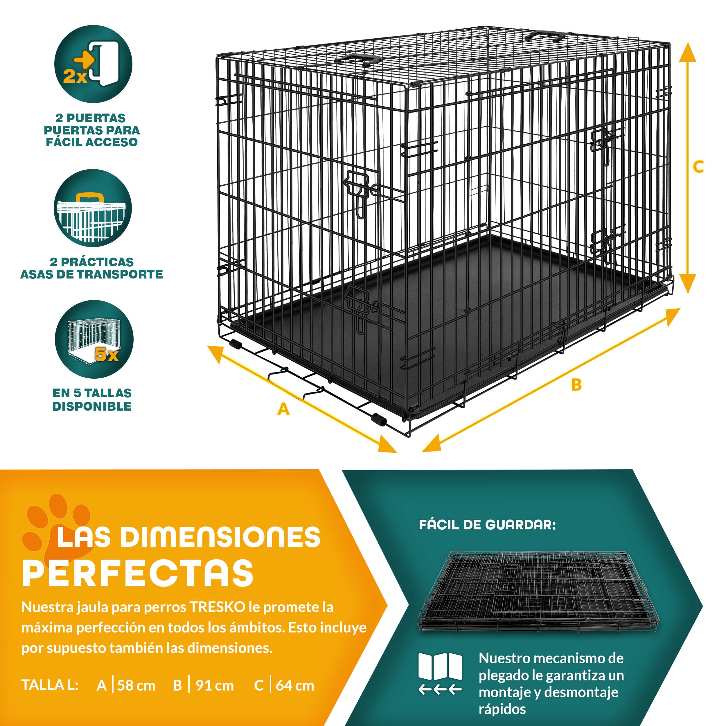 TRESKO Jaula de Transporte Metálica para Perros con 2 Puertas Plegable con Bandeja Extraíble 91 x 58 x 64 cm
