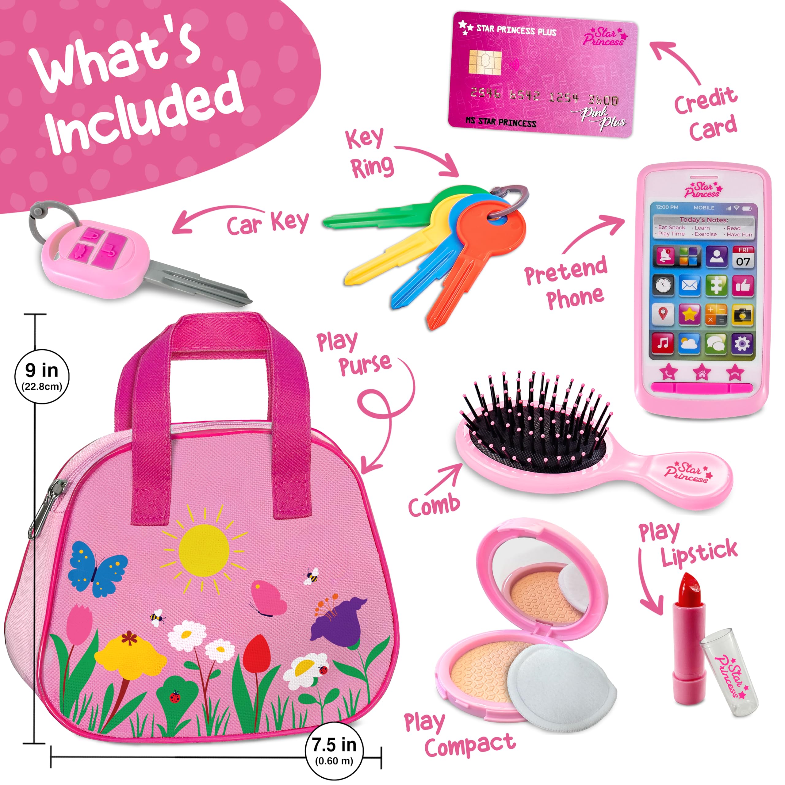 Set De Bolso De Princesa Para Niñas De 3 A 6 Años - 17 Accesorios De Maquillaje De Juguete, Teléfono Con Luces Y Sonidos, Gafas Y Llaves, Regalo De Cumpleaños