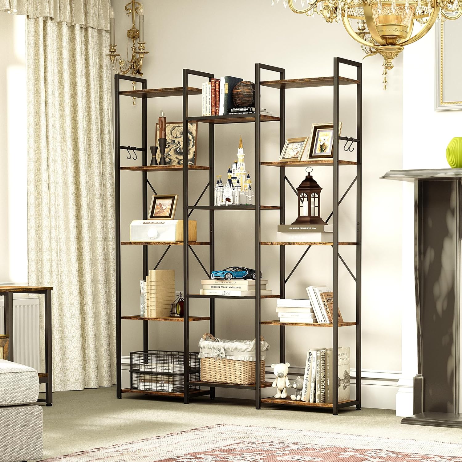 YITAHOME Bookcase, Floor Standing Book shelf with 14 Shelves and Hooks