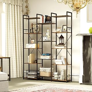 YITAHOME Bookcase, Floor Standing Book shelf with 14 Shelves and Hooks Floor Standing Shelving Unit Display Storage Rack with Stable Metal Frame for Living Room, Home Office, Rustic Brown Bookshelf