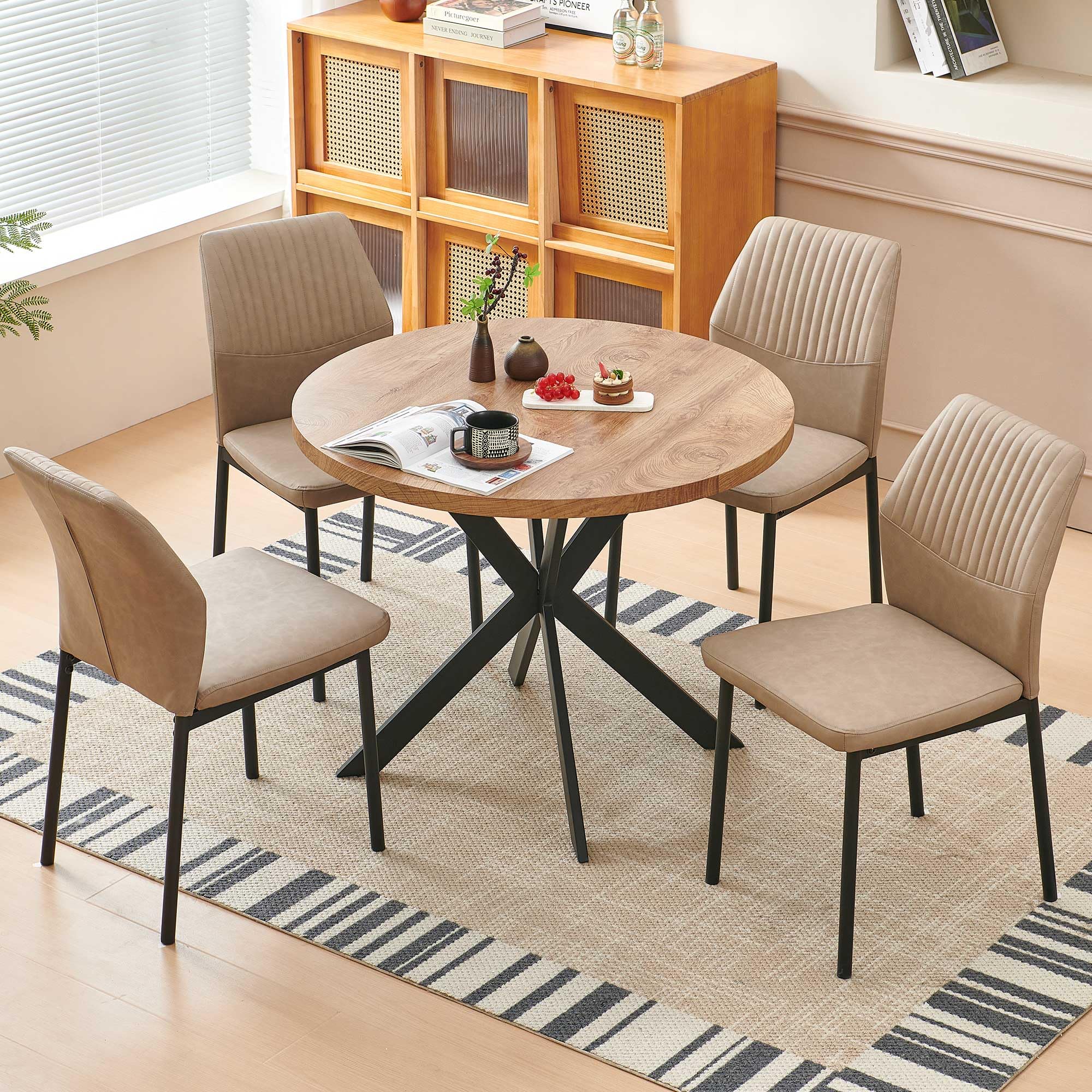 NORDICANA 5-Piece Round Dining Set, Modern Round Dining Table with Faux Leather Chairs for 4, Breakfast Nook Dinette Table Set