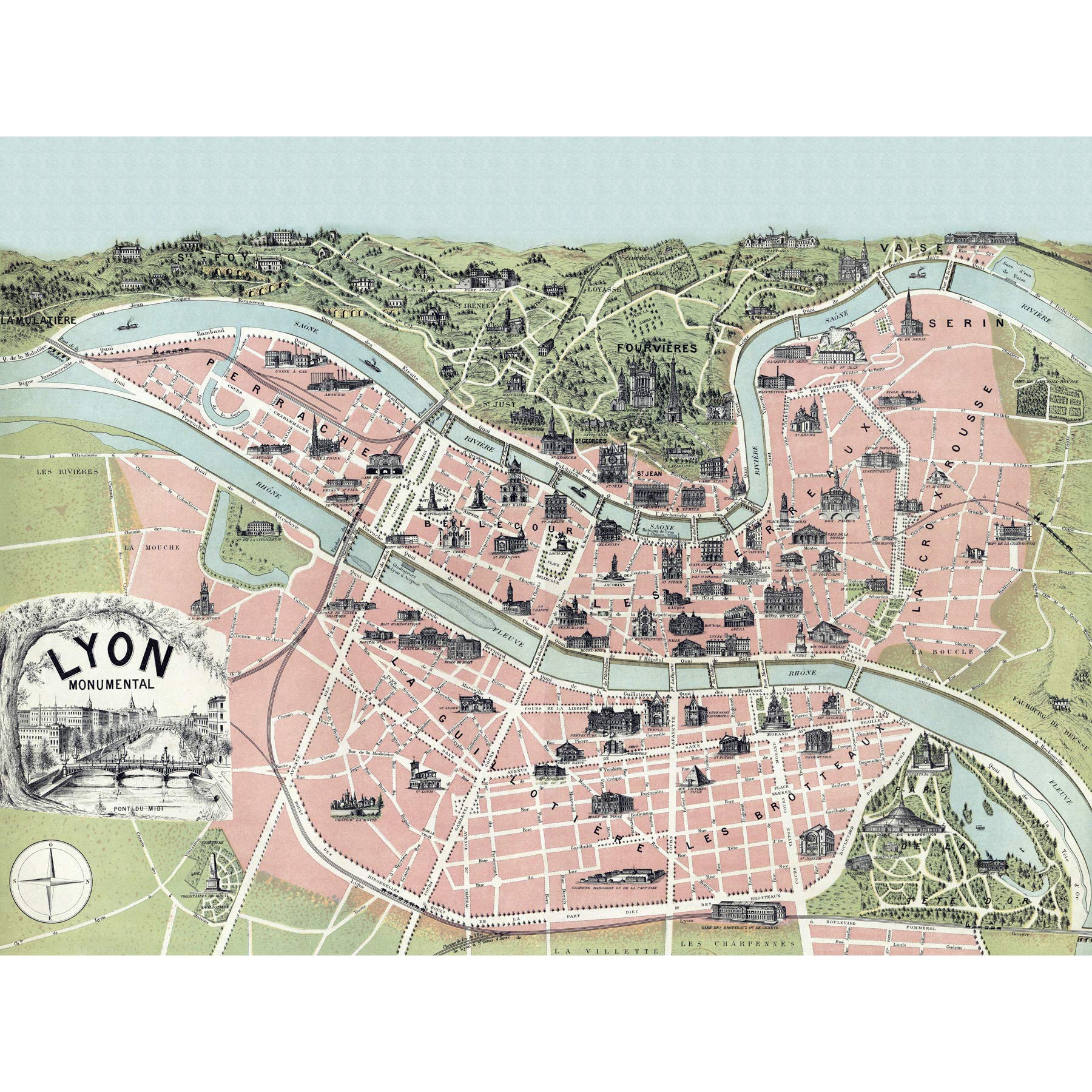 Artery8 Lyon City Monument Landmark Map France 1894 Premium Wall Art Canvas Print 18X24 Inch