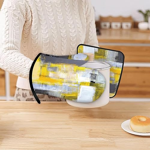 Miniatura 6 de Guantes de cocina de pintura abstracta gris y amarillo, guantes de cocina para cocina, juego de 2 piezas, almohadilla resistente al calor para