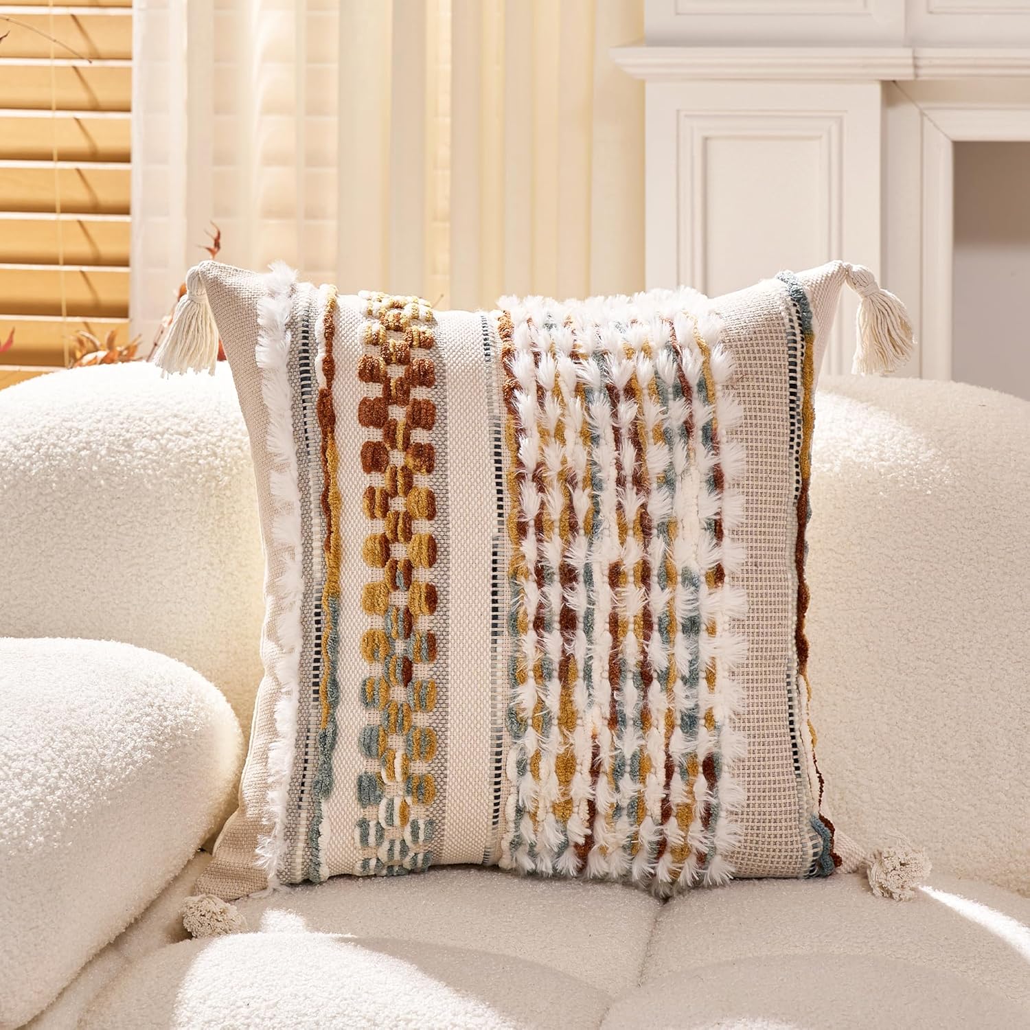 Boho Throw Pillow Covers 18x18 in Chenille Striped Textured Pillow Cover Farmhouse Decoration Striped Square Tassels Woven Pillowcase for Couch Bed Sofa Bedroom Living Room,Brown(Pack of 1)