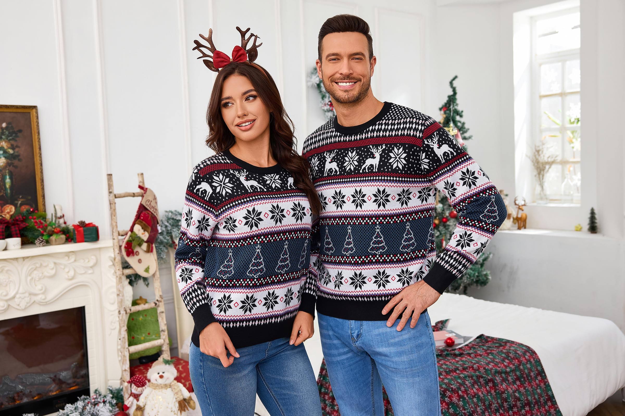 Suéter de Navidad para Hombre Punto Jersey de Invierno con Cuello Redondo Diseño de Renos y Copos de Nieve para Navidad S-XXL