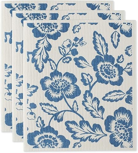 DII Paños suecos para cocina y limpieza, reutilizables, lavables a máquina y aptos para lavavajillas, biodegradables, 7.75 x 6.75, azul floral, 3