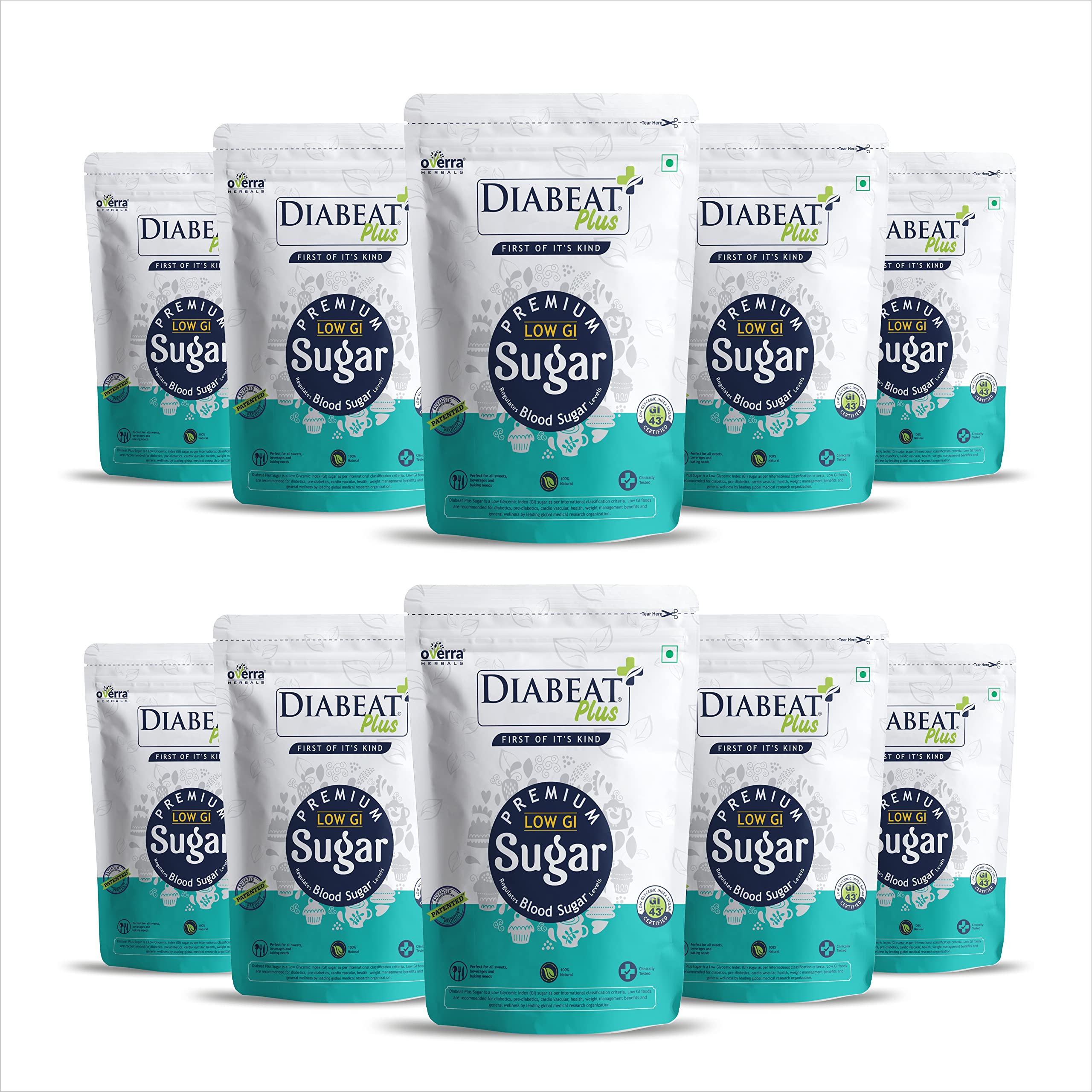 Overra Herbals Diabeat Plus Diabetic Friendly Herbal Cane Sugar - Free from Chemical Artificial Sweeteners – Natural Substitute Without Side Effects – 500 g Zipper Lock Pouch (Pack of 10)