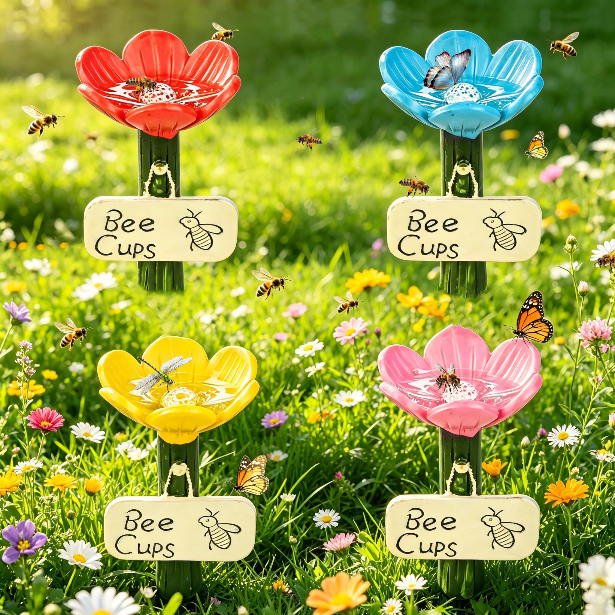 4 Stück Insektentränke, Bienentränke für Den Garten, Cups for Bee, Insektentränke Garten für Insekten, Bienentränke für Durstige Bestäuber, Hummeln Landeplatz Garten Terrasse Balkon