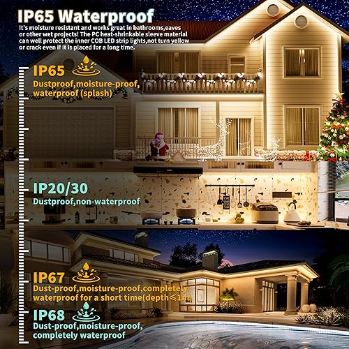 Miniatura 4 de PAUTIX COB - Tira de luz LED CCT ajustable blanca IP65 impermeable, CRI90+ 16.4 pies16.4 ft 2700K-6500K regulable 24V cinta de luz LED, para debajo