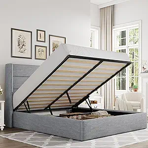 Allewie Full Size Lift Up Storage Bed, Modern Wingback Headboard, Hydraulic Support, No Box Spring Needed, Light Grey
