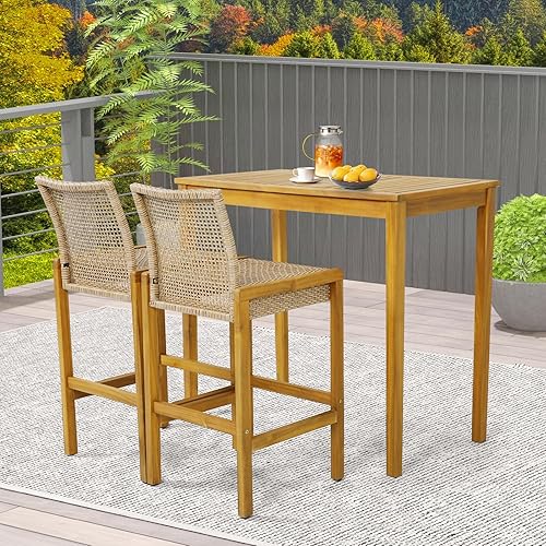 Miniatura 2 de Tangkula Juego de 2 taburetes de madera para patio, sillas de ratán de polietileno con respaldo, marco de metal estable, carga máxima de 400 libras,