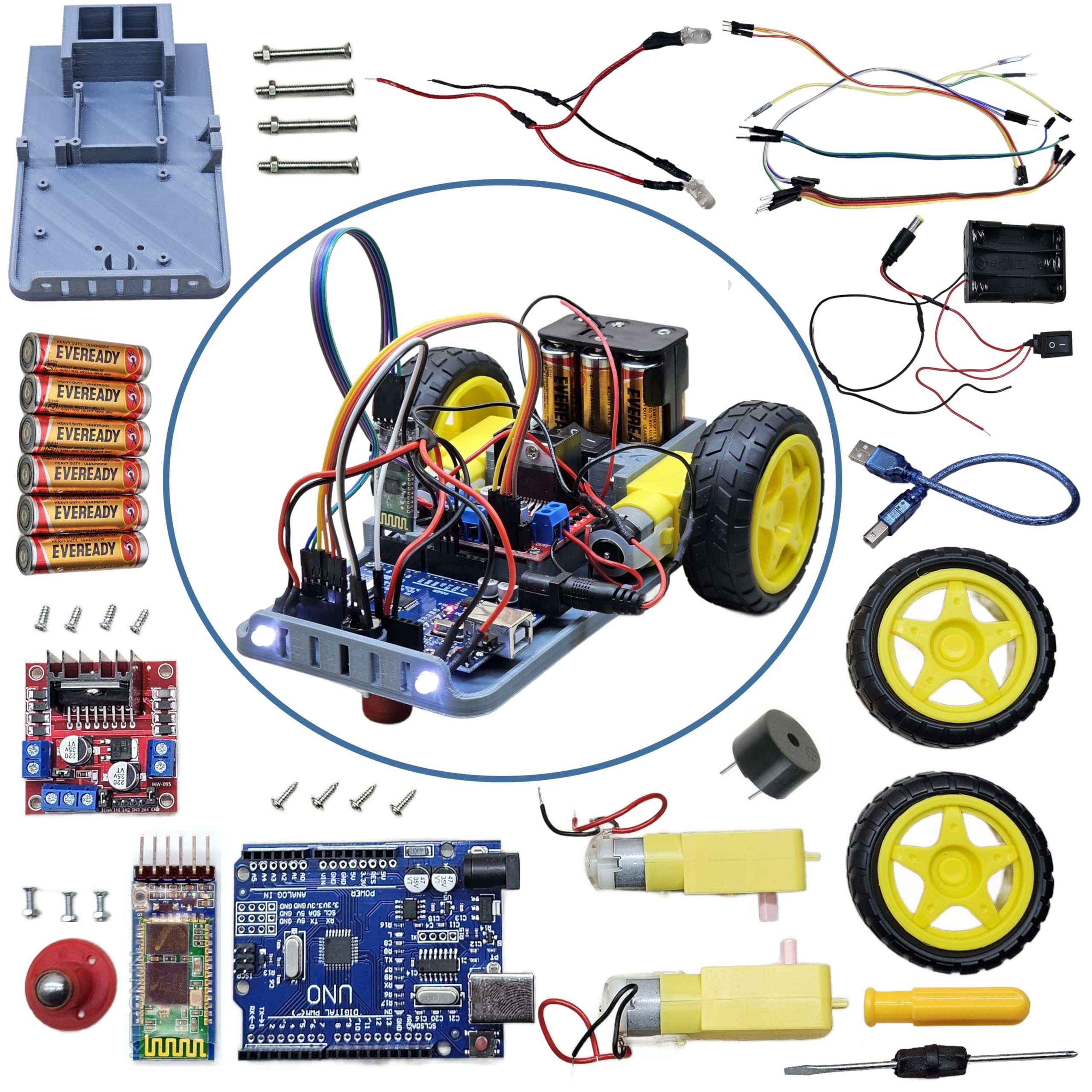 Bluetooth Control || Gesture Control || Voice Control - with Lights and Horn || 3 in 1 Robot Complete Kit || with Code, Detailed Assembly Instruction Manual & Project Report