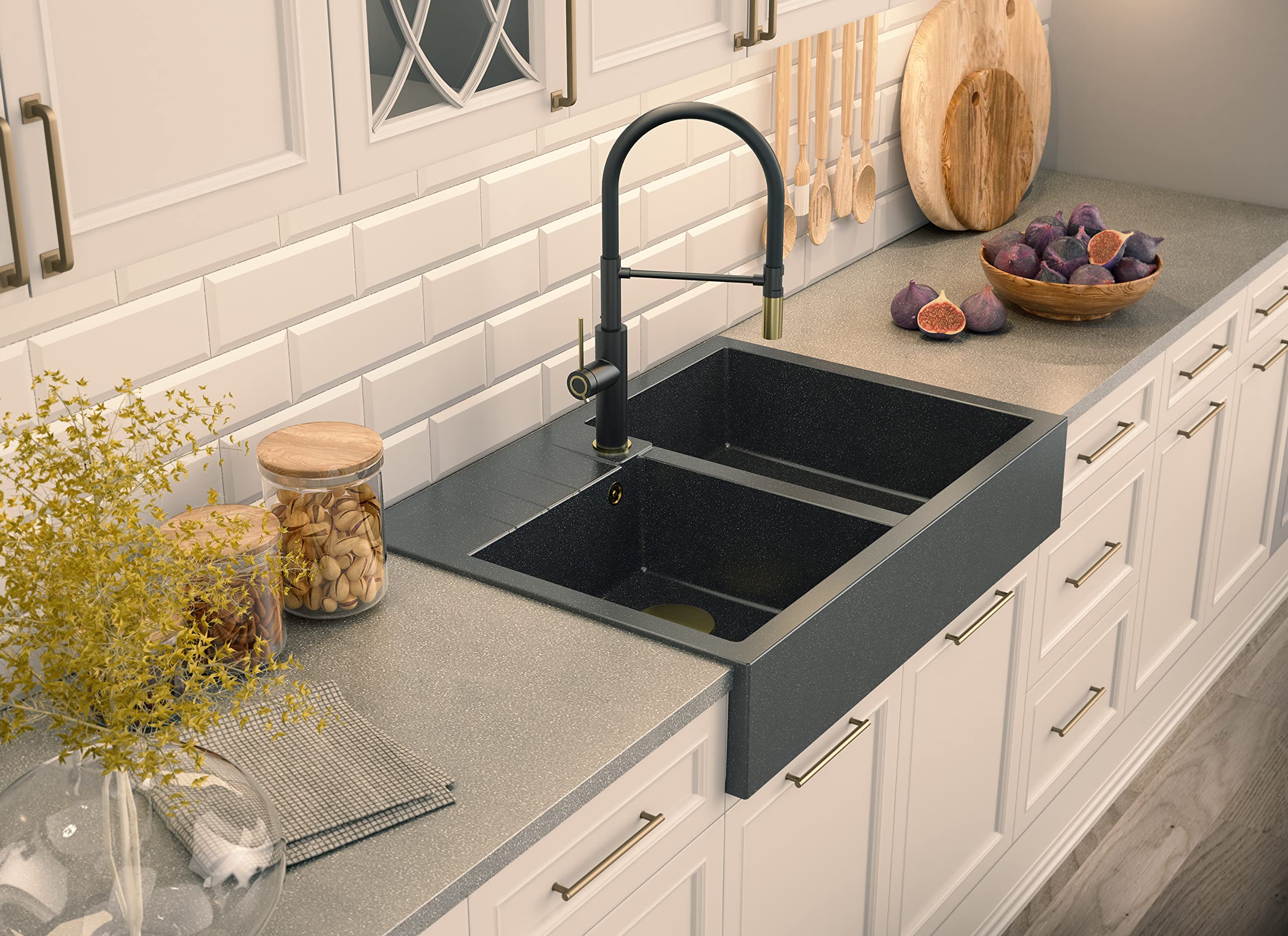 VBChome Spülbecken 90 x 62 cm Bauernhaus-Küchenspüle Doppelschüssel Schwarz Granit Rechteckig Einbauspüle Gesprenkelt Großes Tiefes Becken Granitspüle + Siphon