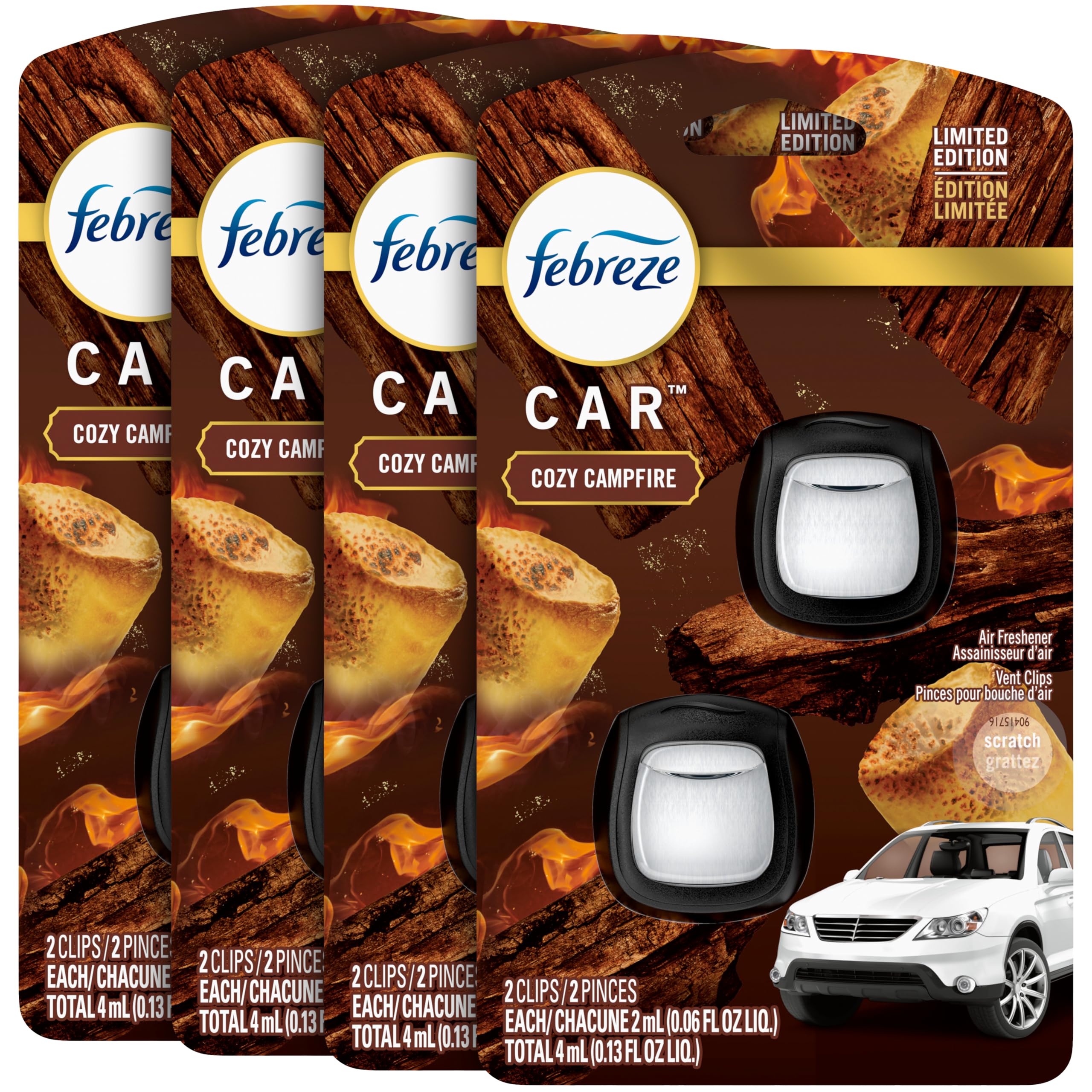 Febreze Air Freshener Car Vent Clip Cozy Campfire 4 Ct Pack of 2