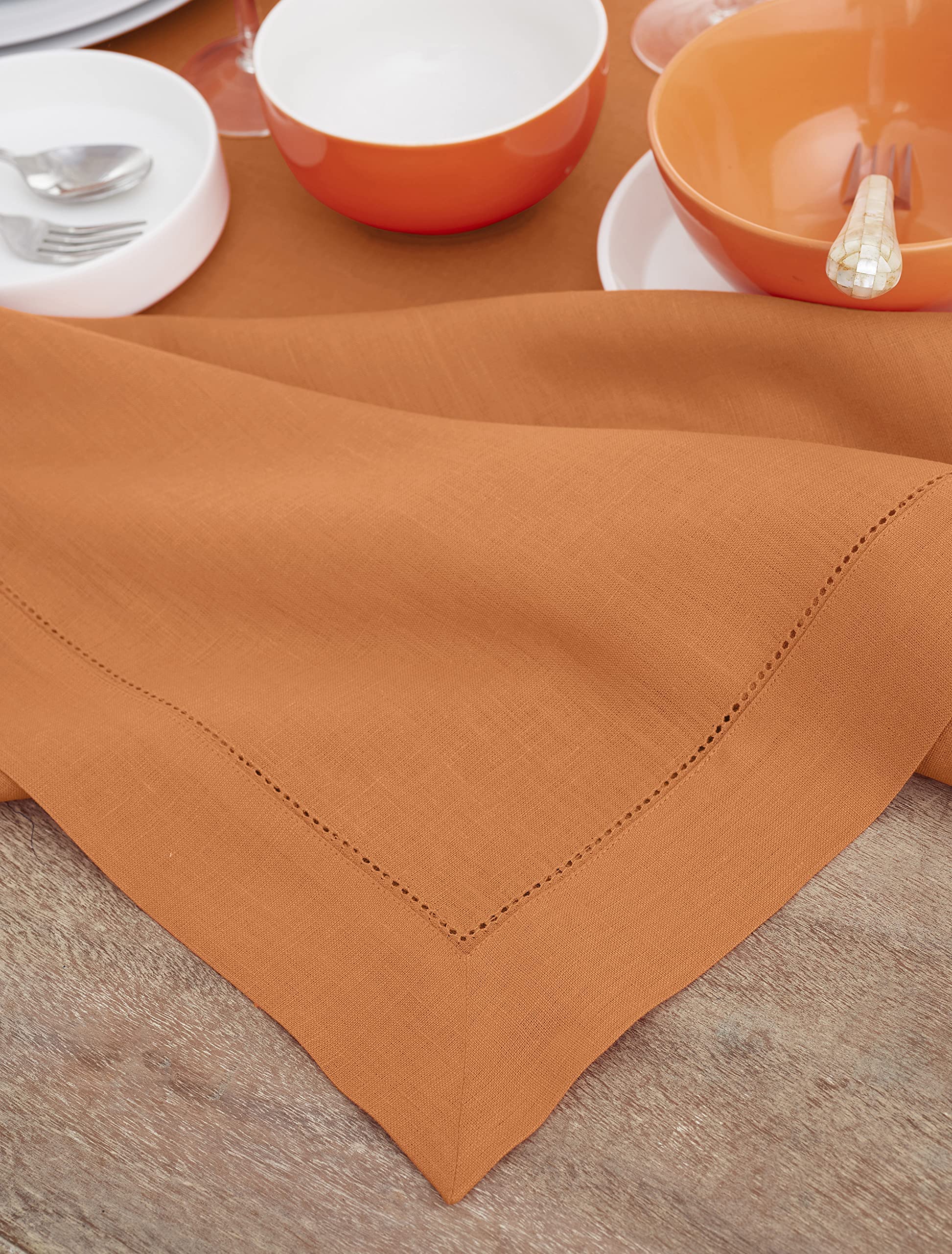 Solino Home Pumpkin Linen Tablecloth – 60 x 108 Inch Table Cover for Fall, Halloween, Thanksgiving, Christmas – 100% Pure Linen Classic Hemstitch Tablecloth – Handcrafted from European Flax