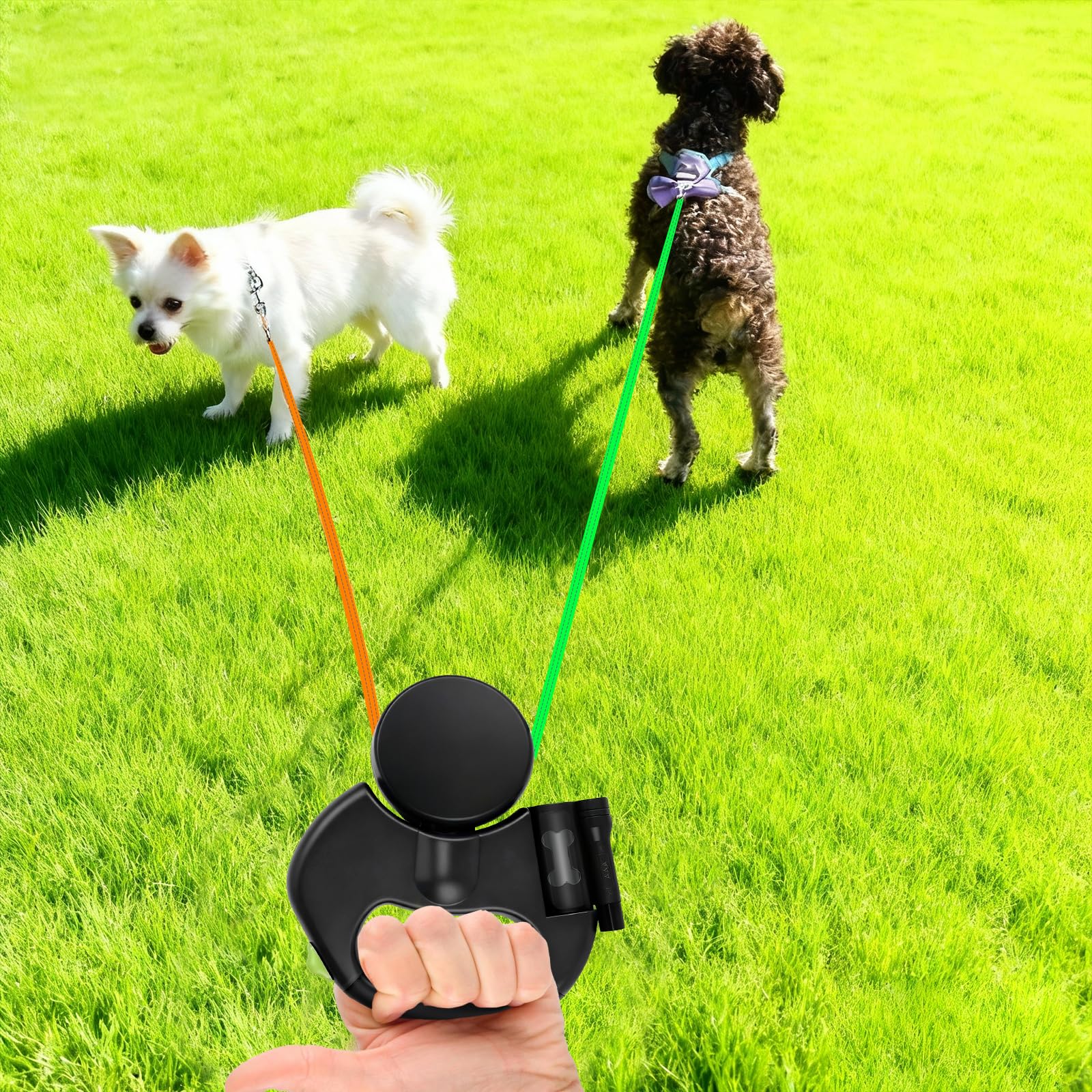 Correa Retráctil Doble para Perros, Correa para Mascotas Correa Automática 1 Remolque 2 Correa Retráctil para Perros con Linterna y Dispensador de Bolsas