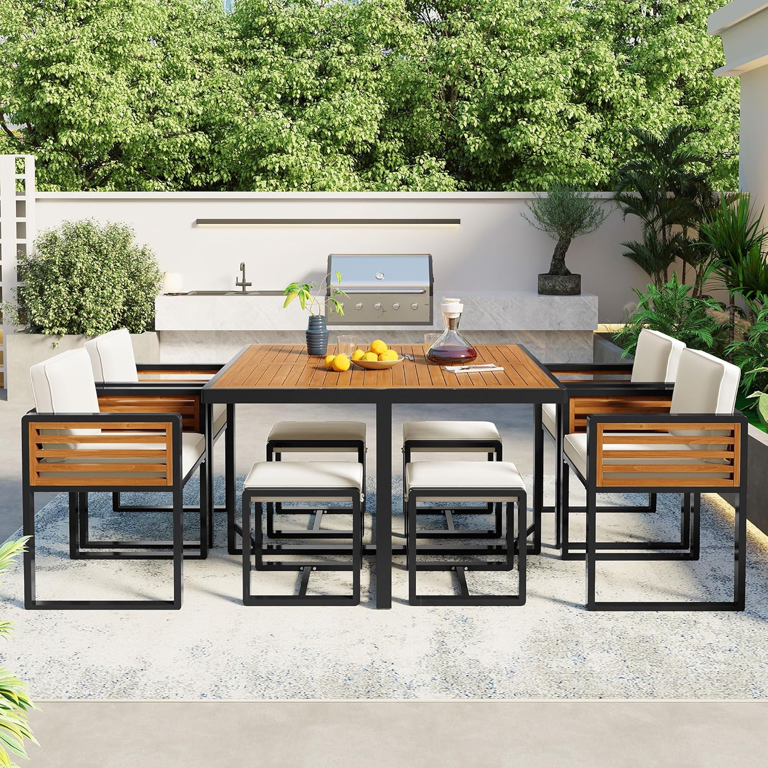 Retro 9-Pieces Acacia Wood Patio Dining Set,Outdoor Conversation Set with 4 Cushioned Chairs & 4 Ottomans & 1 Square Table,for Lawn Backyard Garden Poolside (Beige#v)