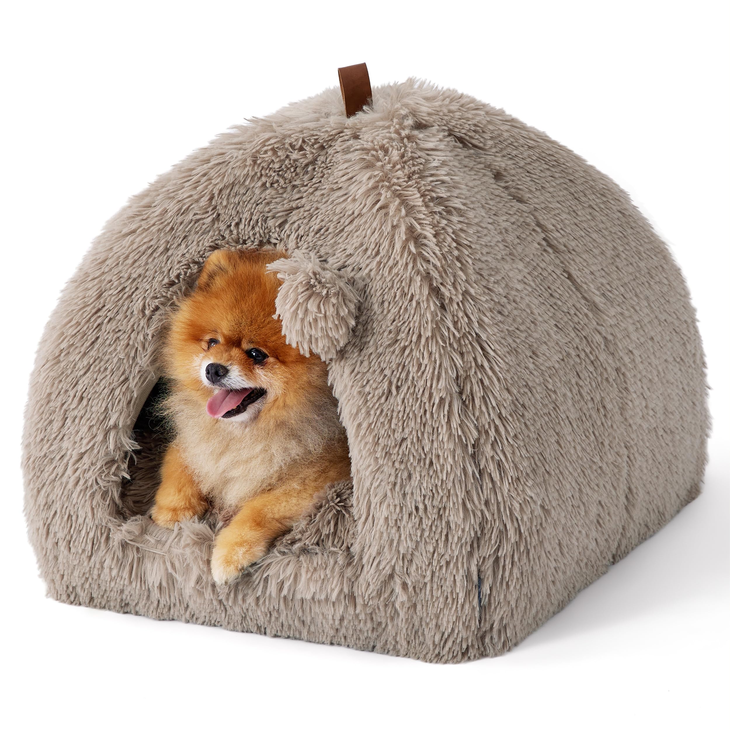 Bedsure Cuccia per gatti grande - 44x44x44 cm Casetta per gatti in peluche per interni con cuscino rimovibile e giocattolo appeso, lettino per gatti lavabile, cammello