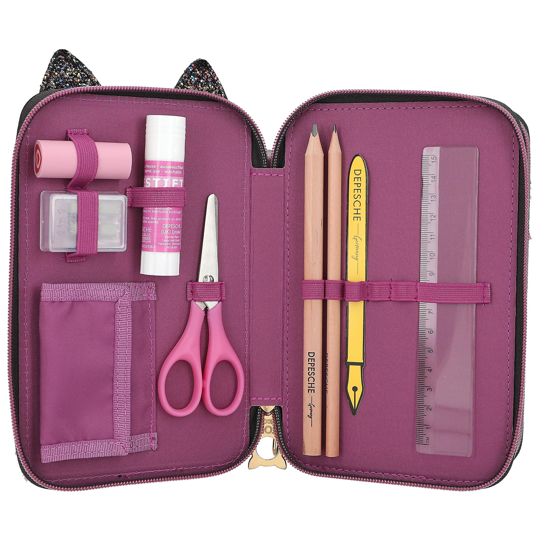 Depesche 13020 TOPModel Rebel Kitty Trousse à Crayons remplie à 3 Compartiments avec Fourrure léopard en Violet et Oreilles de Chat, Trousse avec Crayons de Couleur, règle, Ciseaux, etc.