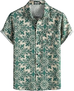 PARKLEES Men's Cotton Linen Vintage Pattern Printed Old Style Shirt Casual Short Sleeve Button Down Retro Shirts