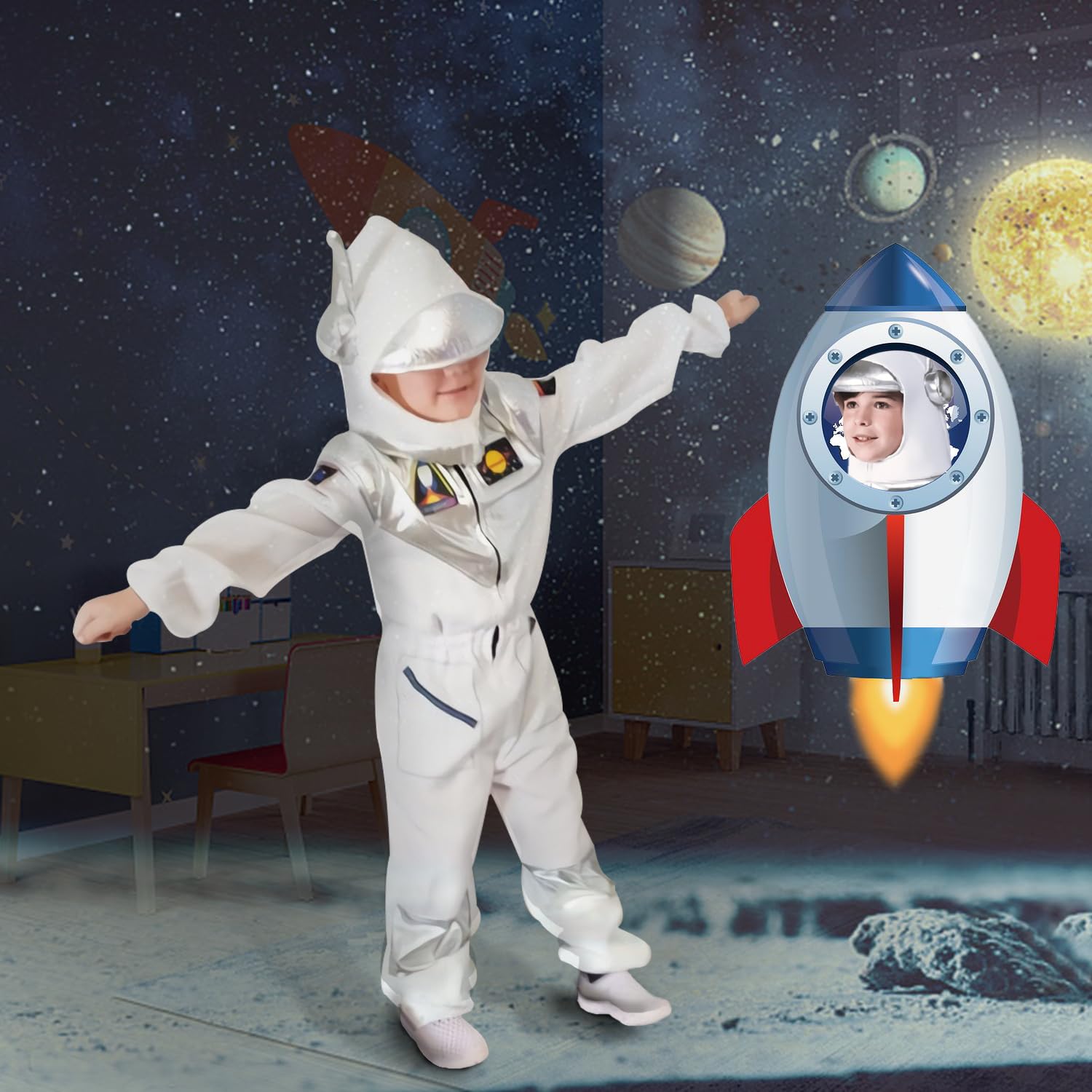 Vista 5 de Disfraz de astronauta para niños overol realista de astronauta con casco desmontable traje espacial para Halloween y cosplay
