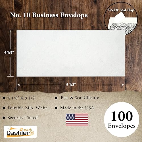 Miniatura 2 de 100 sobres de negocios de Cashier Depot #10, 4 18 x 9 12, despegar y sellar, teñido de seguridad, papel blanco de 24 libras, (sin ventana) (100