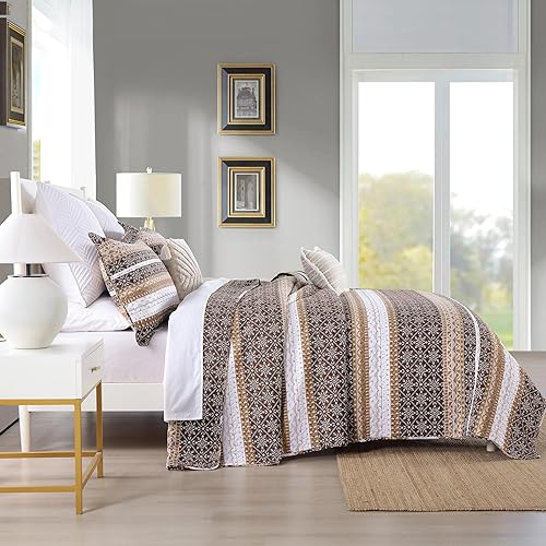 Miniatura 2 de Edredón tamaño King  Colcha a rayas marrón y blanco, tamaño King, colcha geométrica vintage King, ropa de cama bohemia 100% algodón, juego de