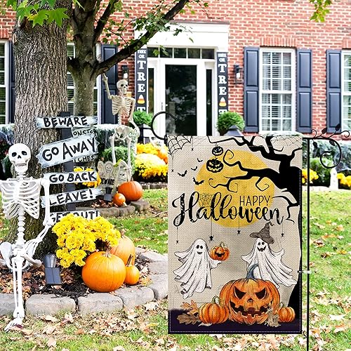Miniatura 2 de Hexagram Bandera de jardín de Halloween, bandera de Halloween de 12 x 18 pulgadas, doble cara, banderas de calabaza de jardín feliz fantasma