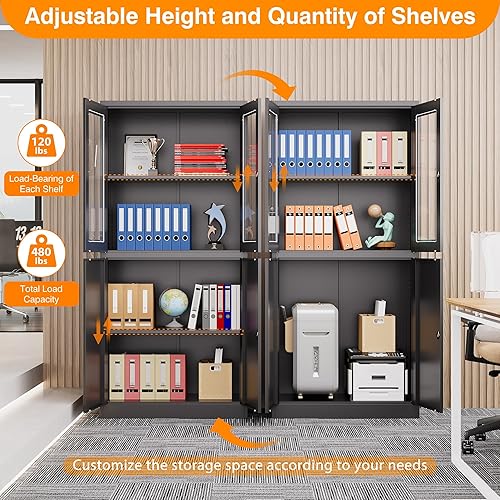 Miniatura 6 de LISSIMO Gabinete de almacenamiento de metal con puertas de cristal, gabinete de oficina con cerradura, gabinete de acero de 71 pulgadas de alto con