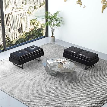 Office Guest Reception Bench - 2 Seat Leather Waiting Room Seating with Cushion, Upholered Waiting Room Bench, Office Furniture Lobby Chairs for Salon, Shop, Set of 2, Black