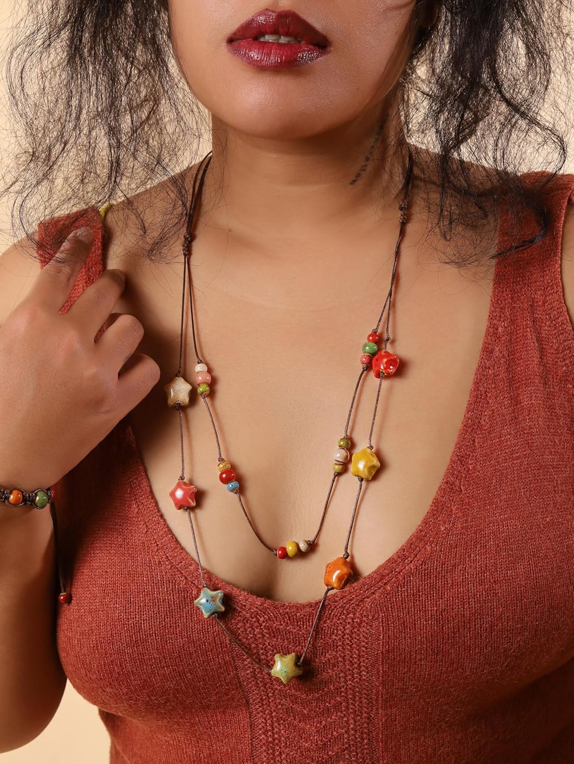 MINACHI Hippie Boho Double Layered Colorful Ceramic Heart Round Bead Necklace, Bohemian Jewelry Gifts for Women - Image 6