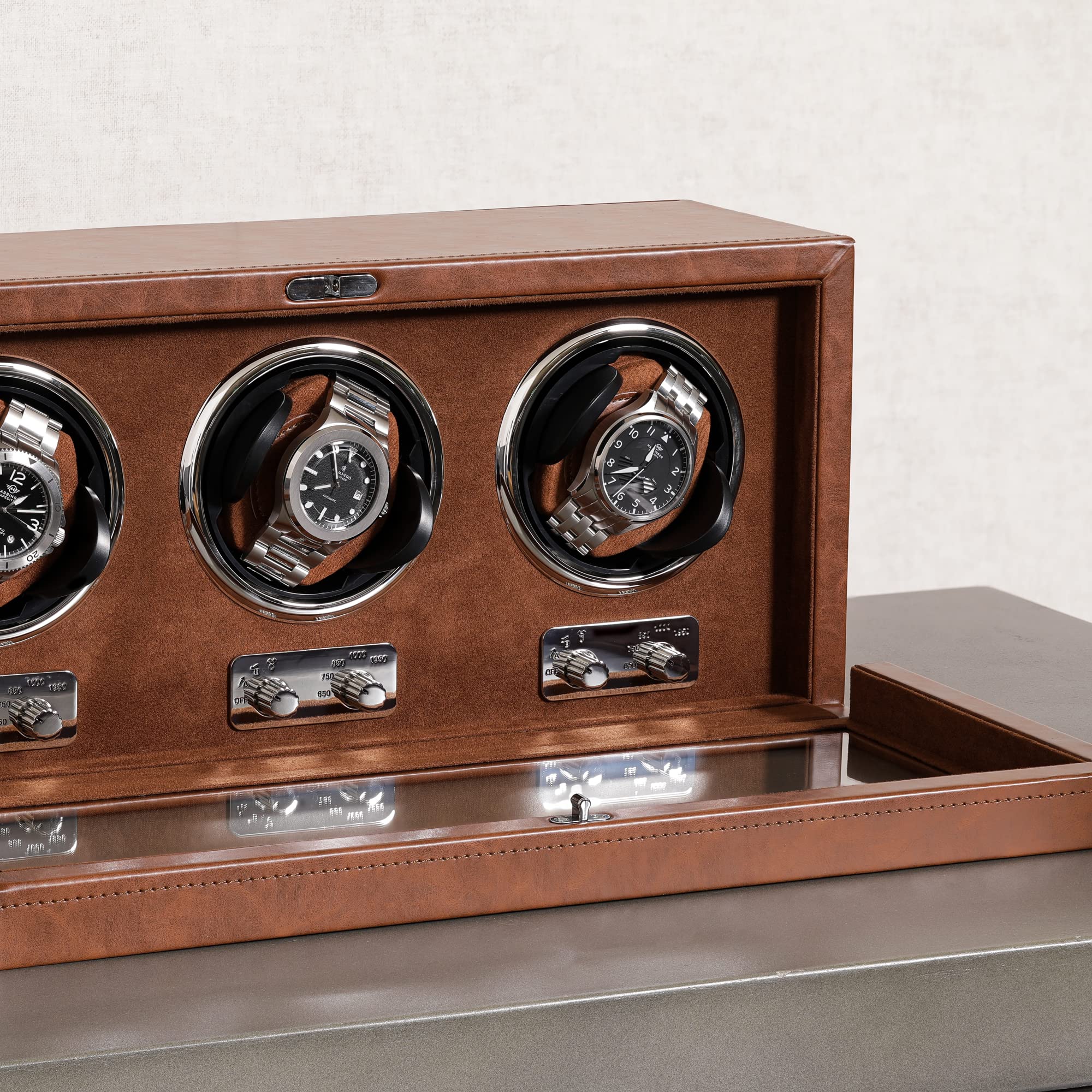 ROTHWELL Bobinador triple para relojes automáticos con motor silencioso con múltiples velocidades y ajustes de rotación (bronceado/marrón)