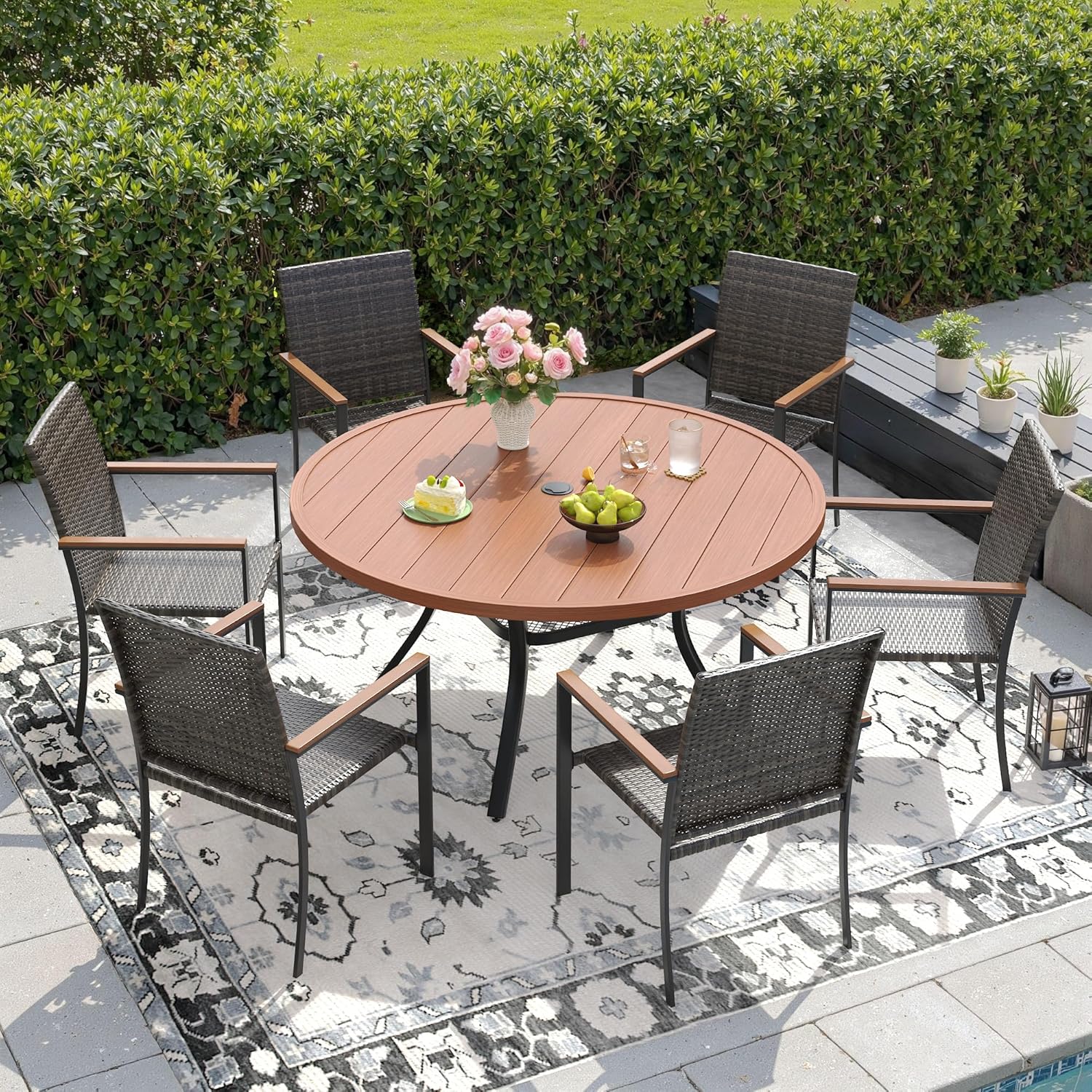 DIFY 7 Piece Patio Dining Set, Metal Outdoor Table and Chairs Set for 6, 47.2" Round Walnut Dining Table with Umbrella Hole & Wicker Stackable Patio Chairs, Patio Furniture Set for Garden Backyard