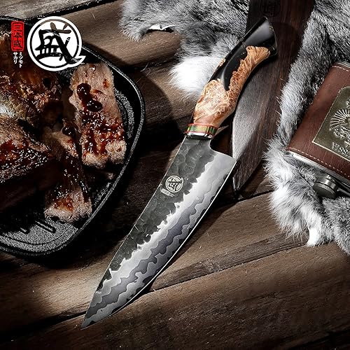 Miniatura 5 de MITSUMOTO SAKARI Cuchillo de chef Gyuto de 8 pulgadas, cuchillos de cocina japoneses profesionales, forjado a mano de acero de Damasco 440C de 67