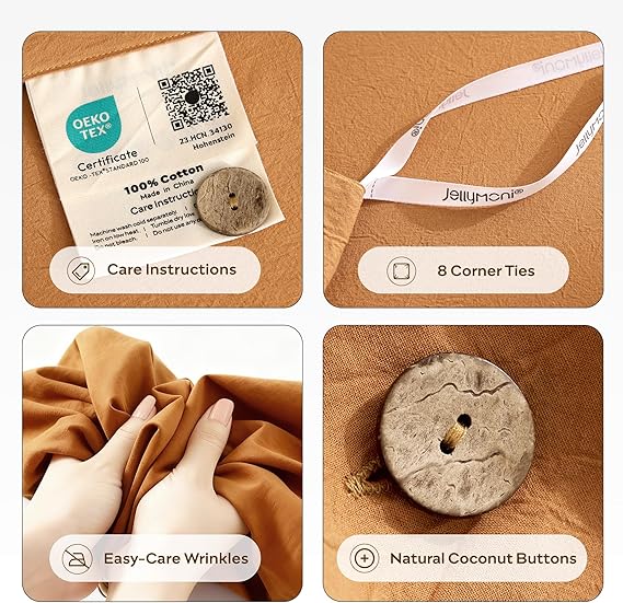 JELLYMONI 100% Washed Cotton Duvet Cover Twin Soft, Breathable Linen-Look Bedding with Natural Wrinkle Texture, Button Closure, 2-Piece Set (Amber Orange, 68x90)