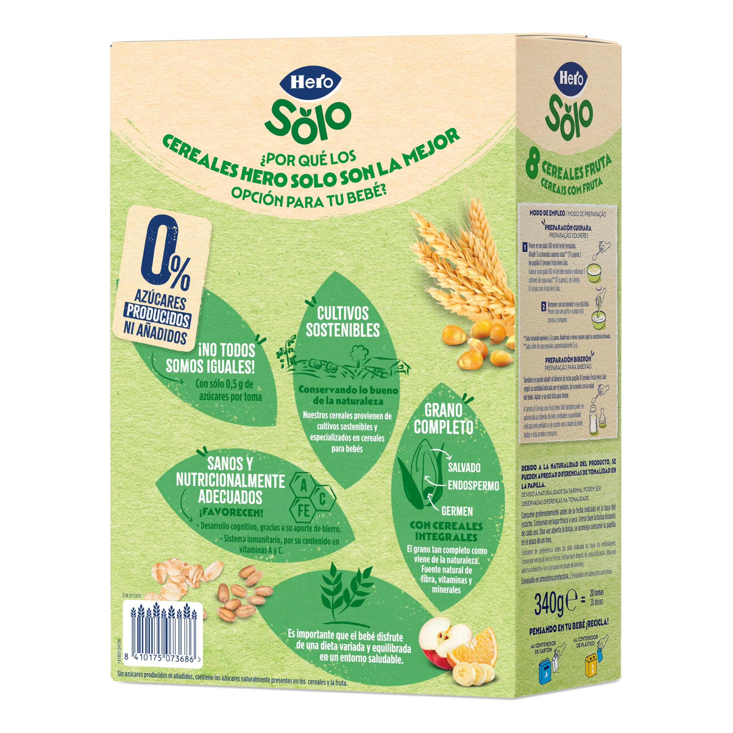 Hero Solo Papilla 8 Cereales con Fruta, Sin Lactosa, Rico en Vitaminas, Sabor Natural para Bebés, a partir de 6 meses