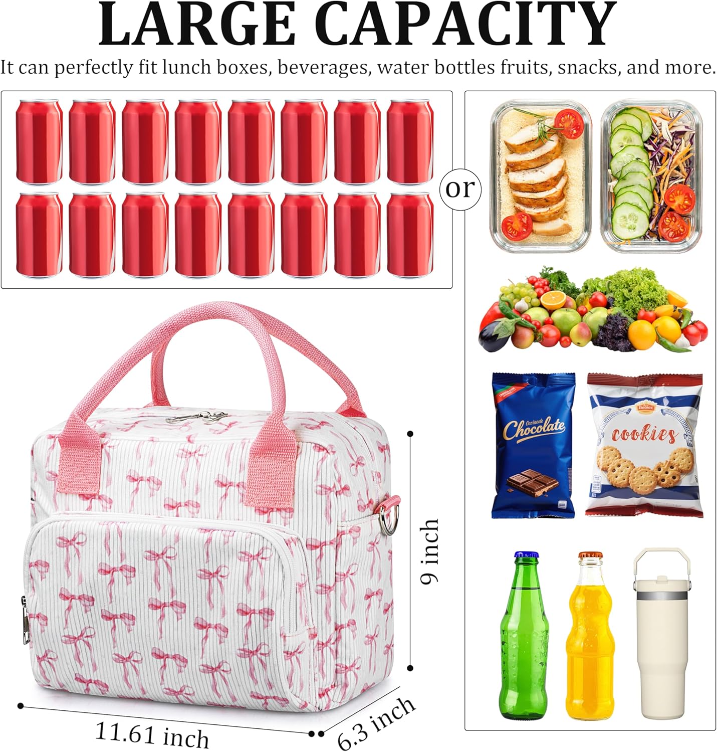 Lunch Box for Women Insulated Lunch Bag Cute Corduroy Lunch Tote Bags Lightweight Reusable Leakproof Cooler Bag with Adjustable Shoulder Strap for Work Office Travel Picnic (Pink Bow) - Image 2