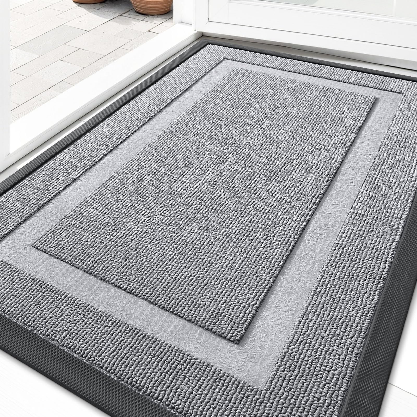 OLANLY Front Door Mat Outside 29.5x17, All-Season Heavy-Duty Rubber Doormat | Silver Gray, Absorbent, Stain Fade Resistant, Waterproof Non-Slip Backing, Low-Profile Indoor Outdoor Floor Mat for Entryway