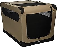 Amazon Basics Large Soft-Sided Dog Crate 36x24x24 - Portable Folding Collapsible with Double Doors, Mesh Ventilation for Dogs up to 70 lbs, Tan
