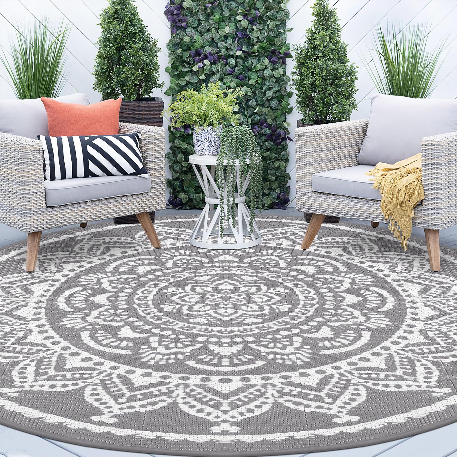 Bsmathom Waterproof Outdoor Rug 6ft Round Reversible Boho Plastic Straw Patio Deck Camping Rugs, Indoor Outdoor Portable RV Mat Carpet for Outside, Porch, Balcony, Backyard, Beach, Pool,Grey