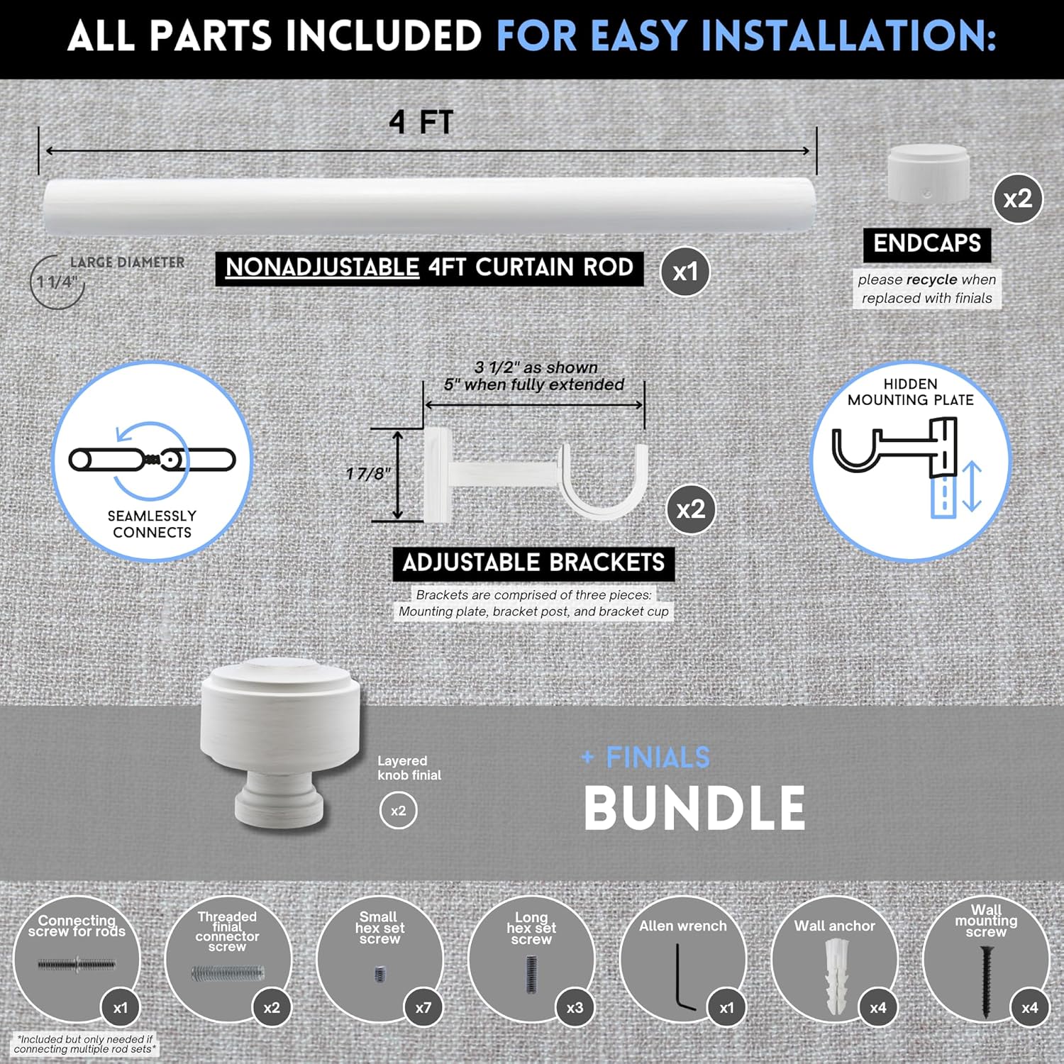 4 foot Custom Curtain Rod & Layered Knob Finials Bundle – Luxury Nonadjustable 1 ¼” Large Diameter with Designer Finials & Premium Quality Mounting Brackets – Brushed White Finish