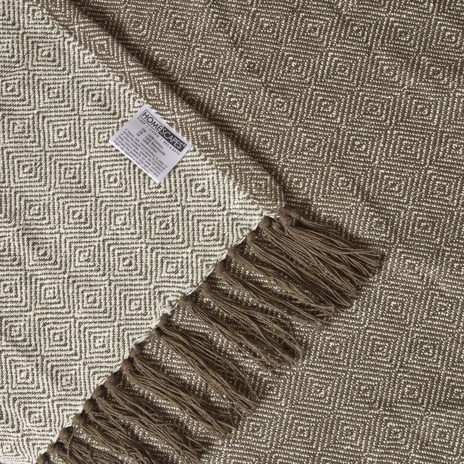 Homescapes Malda XXL-Tagesdecke braun 255x360 cm, große Baumwolldecke Rauten mit Fransen, Überwurf für Sofa oder Bett